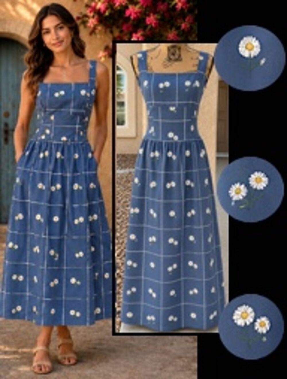 JULY Petal and Pup Yolande Embroidery Daisy Blue Floral Midi Dress Size XL